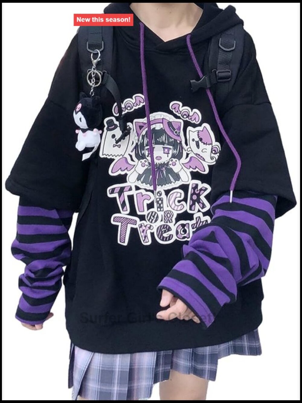 Fake Two-Piece Loose Hooded Sweater Cute Striped Pullover with Kangaroo Pocket